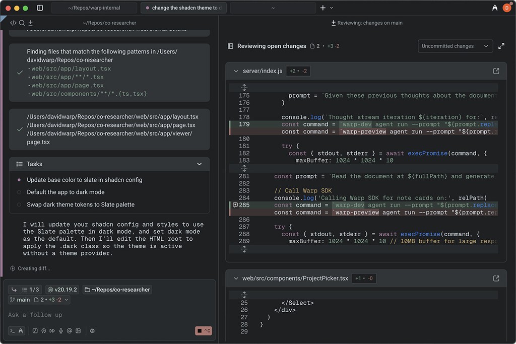 Warp AI agent development environment showing code editor and file navigation