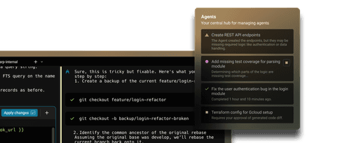 Warp AI agents dashboard showing tasks: create REST API endpoints, add missing test coverage, fix user authentication bug, and Terraform config for Gcloud setup.