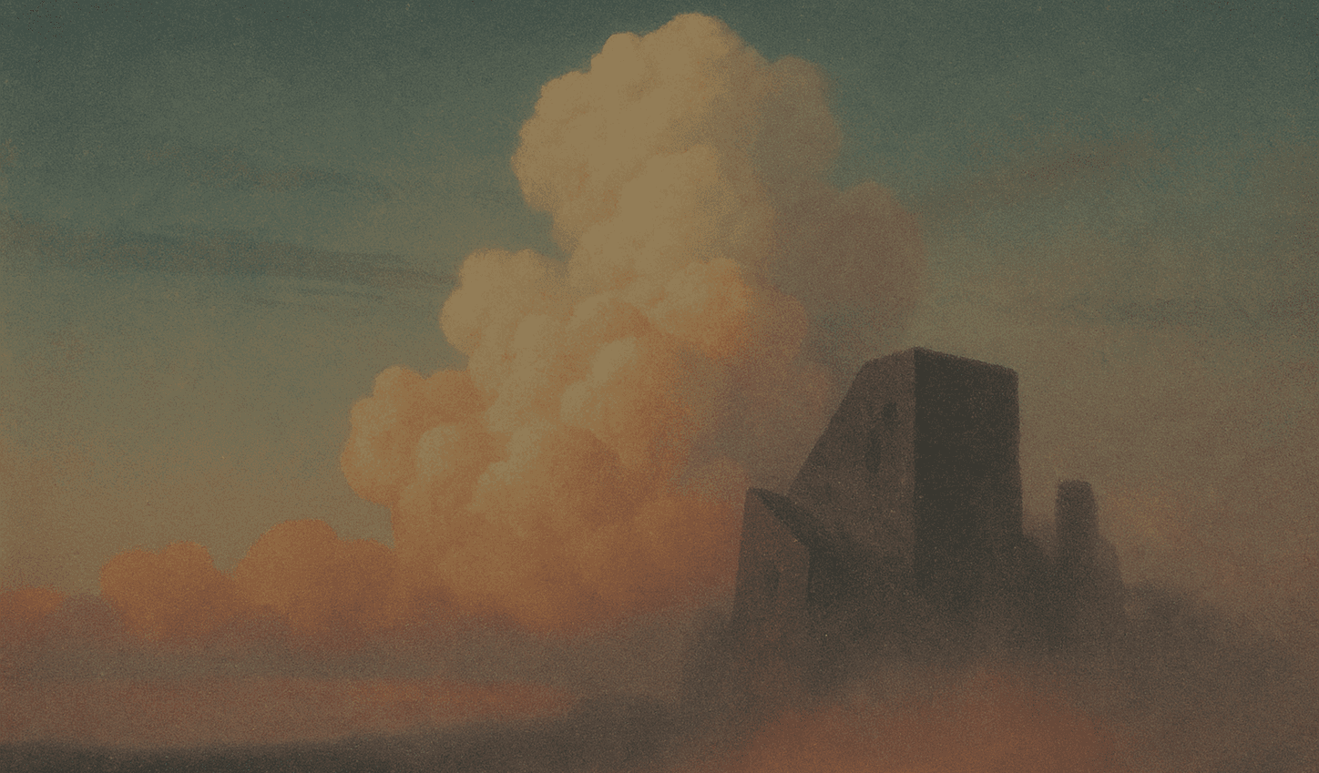 Dark, stylized depiction of monolithic structures emerging from fog with a large, illuminated cloud formation in the sky.