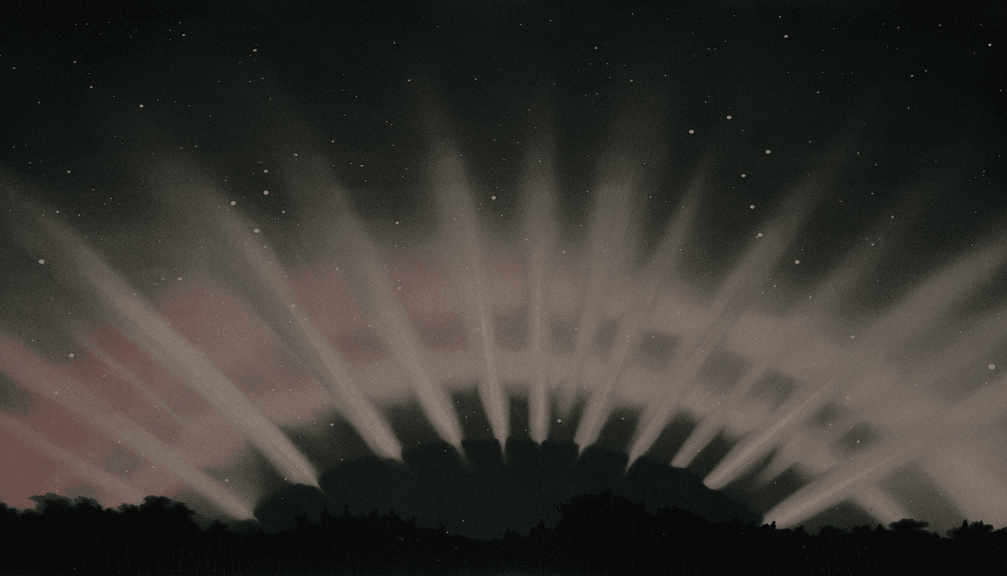 Dark sky with aurora borealis light beams over a silhouette of trees and a dark landscape, with faint stars.