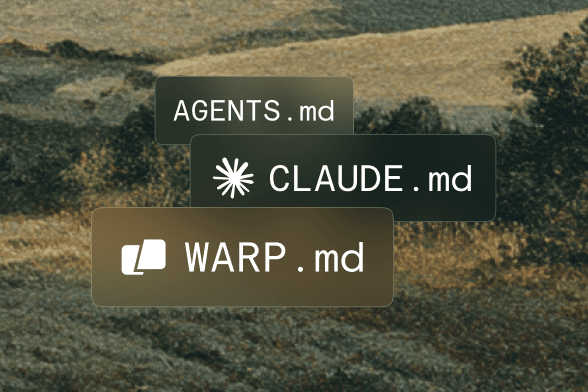 Warp ADE, Agents.md, and Claude.md files displayed on a textured background